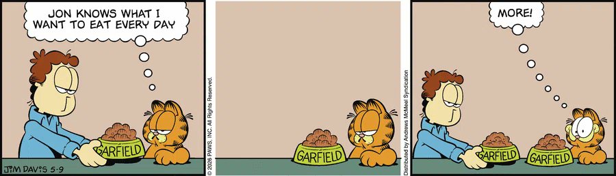 DailyGarfcast's tweet photo. Garfield by Jim Davis for Sat, 09 May 2026 https://t.co/lrzwt04n4a