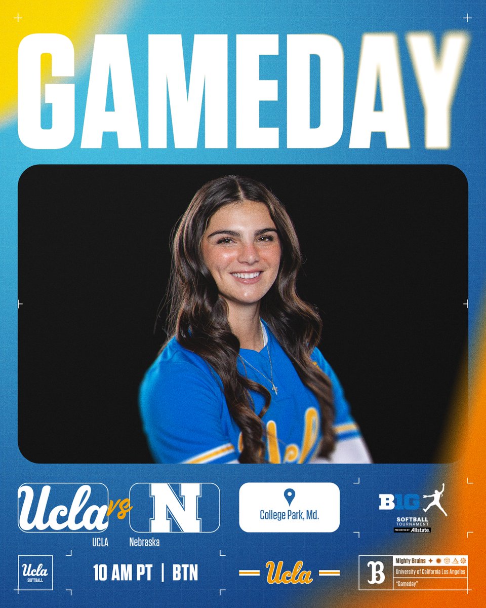 UCLASoftball's tweet photo. Wake up! It's Championship Saturday! 🙌

🆚: Nebraska
📍: College Park, Md.
⏰: 10 a.m. PT
📺: @BigTenNetwork
📲: https://t.co/b1aUhqTdF5
📊: https://t.co/xcCfI68JVe

#GoBruins https://t.co/4282oHqcsp