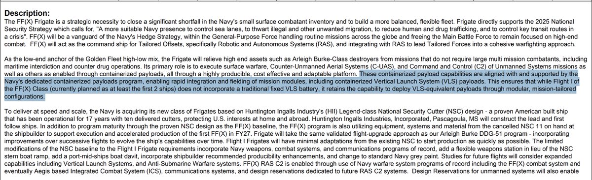 NatSecLedger's tweet photo. The Navy's approach on the FF(X) Frigate Flight I is to de-burden it from carrying a VLS entirely, leaning instead on containerized VLS and mission modules. Honestly, they fumbled this one. A fast attack boat with an Arleigh Burke class destroyer on speed dial would hit the fleet years sooner at a fraction of the cost.