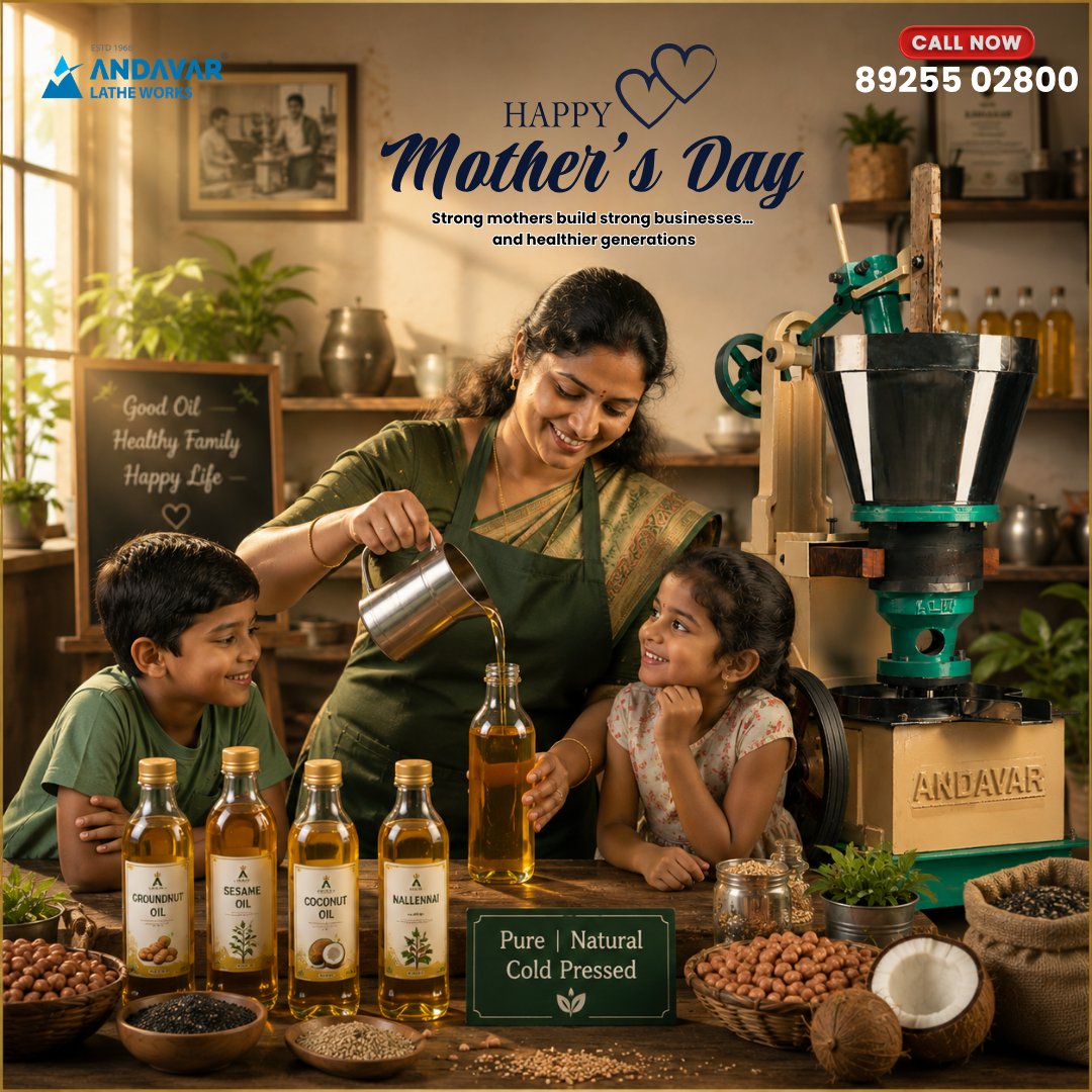 AndavarOil's tweet photo. “Healthy family starts with a caring mother ❤️
This Mother’s Day, celebrate the hands behind every healthy meal. 🌿”
#HappyMothersDay #AndavarLatheWorks #ColdPressedOil #HealthyFamily #WoodPressedOil #OilMachine #TraditionalOil #PureOil #MothersLove #HealthyGeneration https://t.co/fBIxMhExky