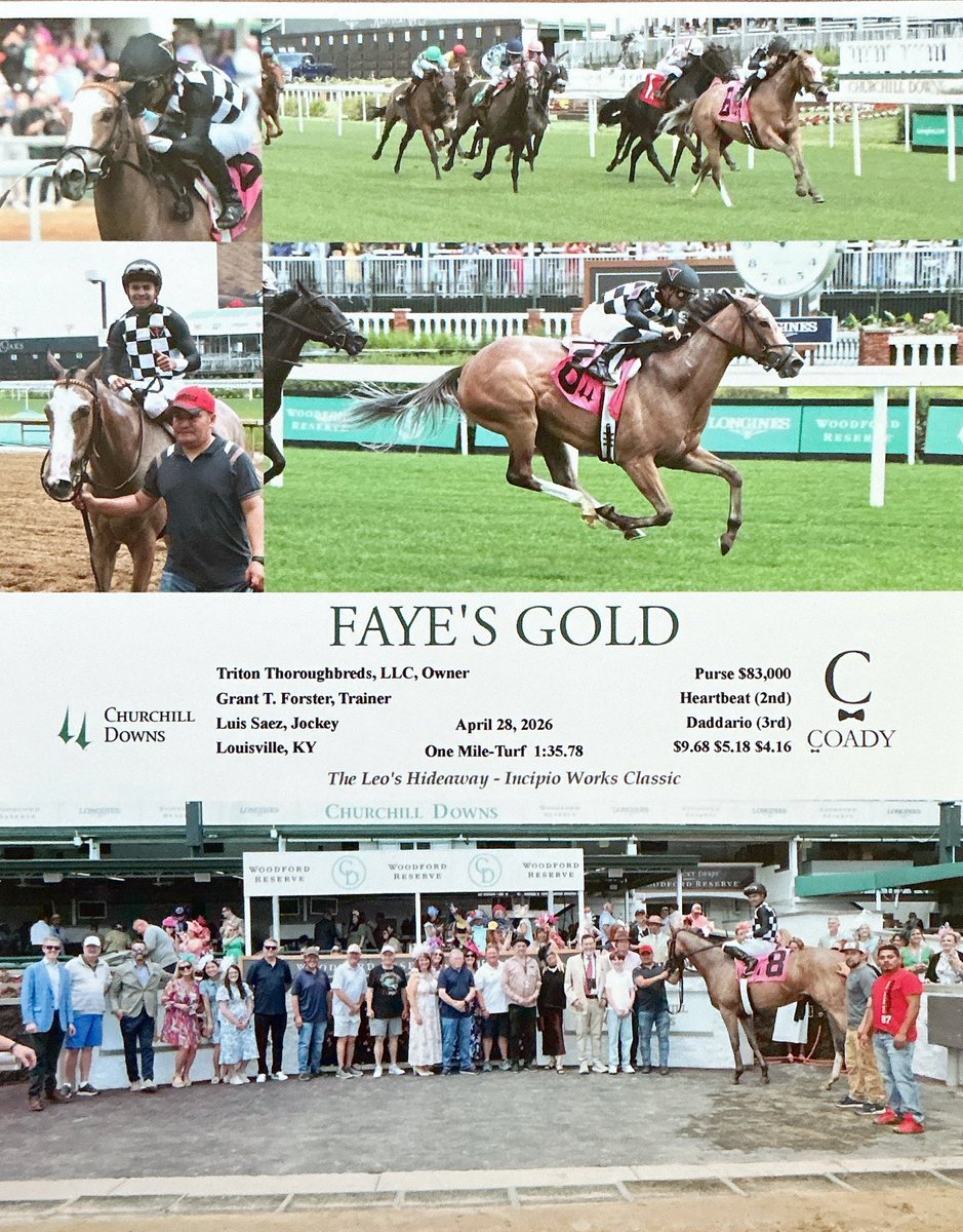TeamForster1's tweet photo. Team Forster won 2 of 4 Derby Week! Faithful Departed started impressively under soon-to-be Kentucky Derby winning rider Jose Ortiz.

Faye’s Gold was a confident winner with a clever ride by Luis Saez. Grant’s nephew Jack proved to be a lucky charm witnessing 2 wins at Churchill! https://t.co/npTafJwQIk