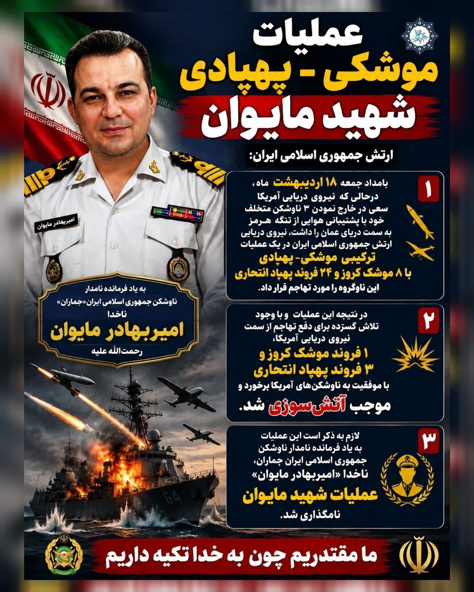 جمعه۱۸اردیبهشت که نیروی آمریکاسعی درخارج نمودن۳ناوشکن خودباپشتیبانیازتنگه راداشت،نیروی دریایی ارتش دریک عملیات با ۸ موشک کروزو۲۴فروندپهپاداین ناوگروه رامورد تهاجم قراردادباوجودتلاش گسترده برای دفع تهاجم باموفقیت به ناوشکن‌هاآمریکابرخوردوموجب آتش‌سوزی شدعملیات مایوان نامگذاری شد
