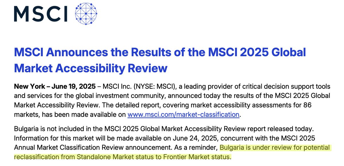 Pada Market Accessibility Review Juni 2025 MSCI, ada under review Bulgaria, yang kemungkinan mau dip...