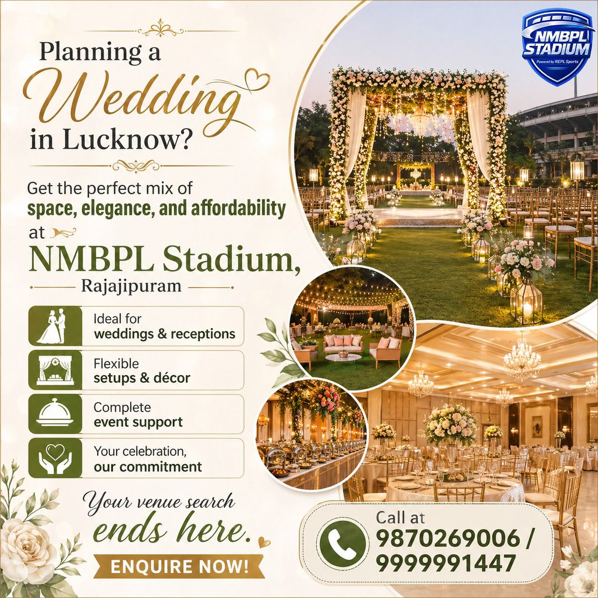 REPLSports's tweet photo. Create unforgettable wedding memories at NMBPL Stadium, Rajajipuram, Lucknow — ideal for dreamy weddings, grand receptions, and beautiful celebrations. 

📞 Book your special day now:
9870269006 | 9999991447

#WeddingVenue #LucknowWedding #WeddingInLucknow #NMBPLStadium https://t.co/7ayK0dBEIj