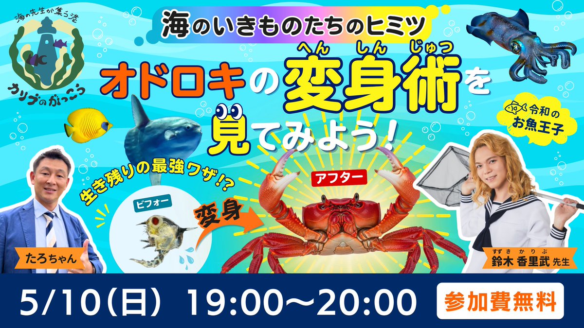 明日5/10(日)‼️
森田太郎舟長とオンライン授業をやります⚓

キッズウィークエンド
　　×
カリブの学港

19:00～、参加費無料です。
海のワンダーな世界への入り口を一緒に覗きましょう👀

お申し込みはこちら
kidsweekend.jp/portal/events/…