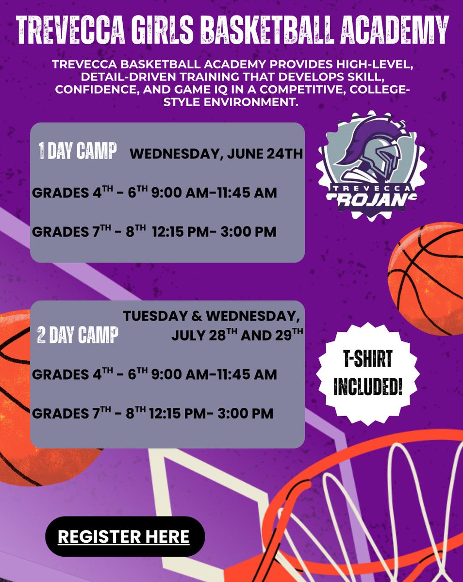 TNUwBasketball's tweet photo. 🚨Attention 4th-8th Graders!🚨
The Trevecca Trojans Women’s Basketball team is hosting two different kids camps! You get to choose if you want a one-day or two-day experience! 

Dates: One-day Camp 6/24
Two-day Camp 7/28 &amp; 7/29

Link to register: …https://t.co/x3wE3SbC9O https://t.co/50MklDoTS5