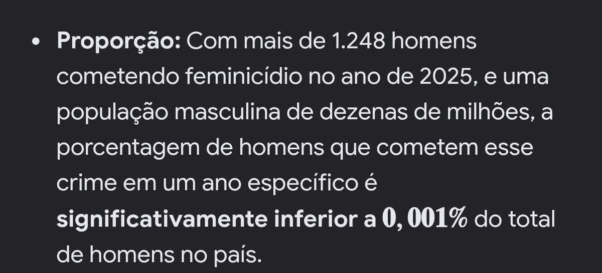 foster_033's tweet photo. @SequirleiG @TiuzaoDoChurras @CristianoS88749 @DaniloGentili É sério que esse é seu argumento?. Se vc comparar a quantidade total de homens que existe e a quantidade que são feminicidas, os feminicidas representam cerca de 0,001% dos homens. O seu "muitos" é 0,001%, segundo dados oficiais. Fora que é um argumento passional bem fraco. https://t.co/TU9EZusjoP