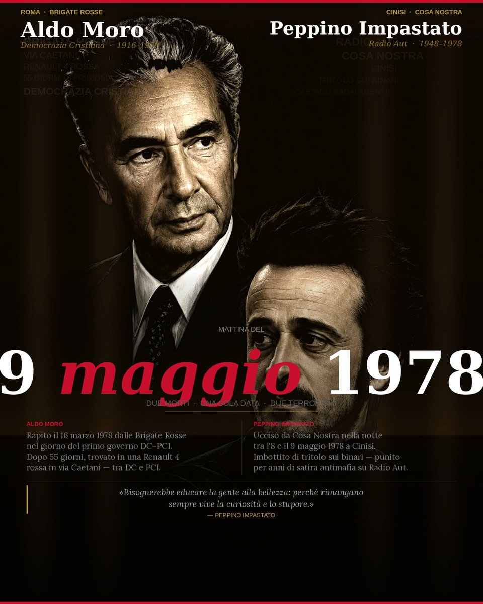 Giokucs's tweet photo. 9 maggio 1978: l’Italia si svegliò con due morti.
Aldo Moro, trovato in una Renault rossa dopo 55 giorni di prigionia.
Peppino Impastato, fatto esplodere su un binario a Cinisi.
Due terrorismi diversi. Uno rivendicava. L’altro contava sul silenzio. https://t.co/kgQ7XLcNjW
