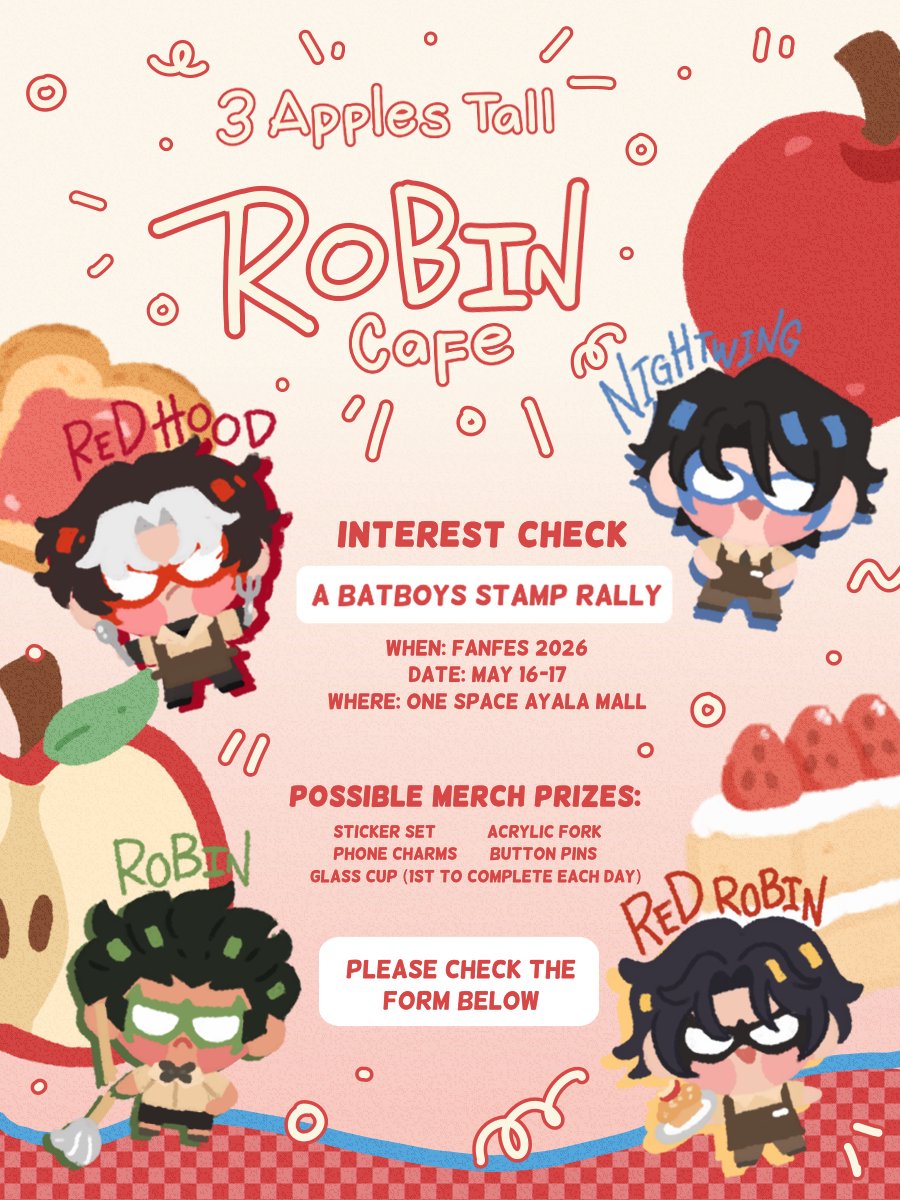 joohphobia's tweet photo. 🍎🍎🍎 Interest check for a DC: Batboys Stamp Rally on #Fanfes2026 🍎🍎🍎

Please check the interest check below if you're interested to join the fun! #batfam https://t.co/CrzPzaZQUl