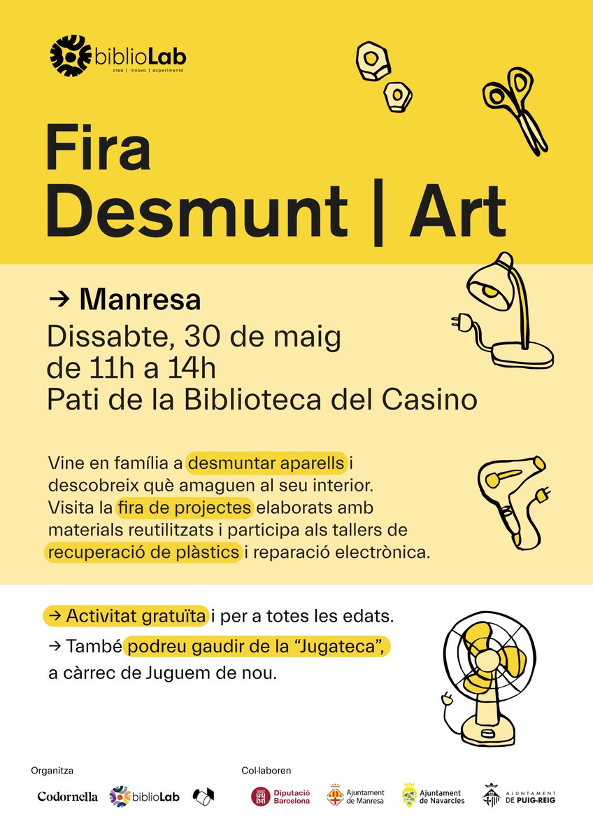 bmanresac's tweet photo. 🪛Fira Desmunt | Art amb La Codornella! Mostra d’artesans del reciclatge, tallers de reparació d’aparells i creació amb plàstics i molt més!
T'hi esperem!
@bibliotequesxbm @bmanresaab #Cocreabibliolab #Bibliolab #bibliotequesbbm @manresacultura @ajmanresa https://t.co/OsUn5tHk9o