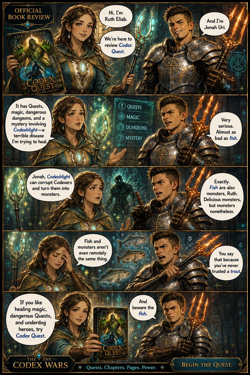 LucasFlintBooks's tweet photo. Still unsure about Codex Quest? Ruth Eliab and Jonah Uri will tell you exactly why you should read this book (and beware the fish).
Codex Quest is launching on Amazon on July 15th. Preorder: https://t.co/rKXXdG8dMN
#litrpg #progressionfantasy https://t.co/hlkMuxbGOA