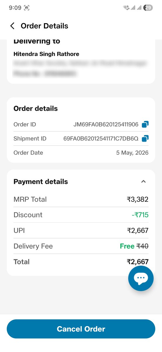 hi7endra's tweet photo. @JioMart_Support The order WAS confirmed. I have an Order ID (JM69FA0B620125411906), a Shipment ID (69FA0B62012541171C7DB6Q), an in-app delivery ETA ("Arriving on 5th May 09:22 PM"), and a successful UPI debit of ₹2,667 to paytm-jiomartgrocery@ptybl on 5 May 2026, 8:53 PM https://t.co/A614PCUxUl