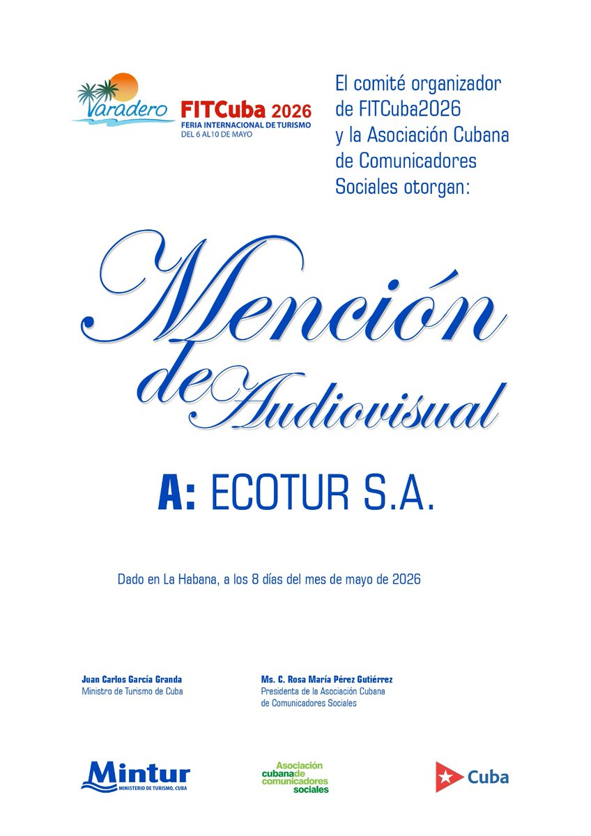 ecoturcuba's tweet photo. La Agencia de Viajes Ecotur S.A. recibió mención en la categoría de Audiovisual de los Premios otorgados por la Asociación Cubana Comunicadores Sociales en #FITCuba2026.

#Ecotur #30Años #CreandoAventuras #ViveSienteDescubre https://t.co/fbjBNXAJGl