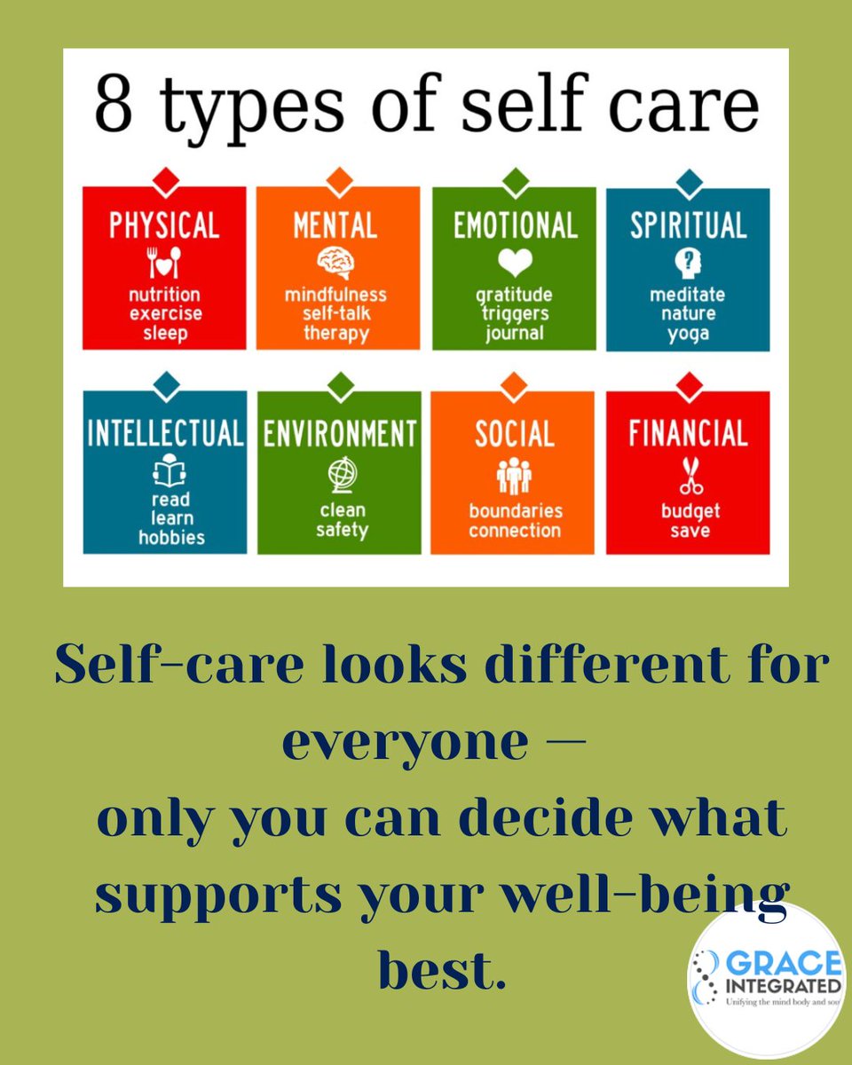 GraceIntegrated's tweet photo. Self-care looks different for everyone, and finding what works best for you matters. We’re here to help at (630) 728-1744 or https://t.co/fA1UVeB4PG
.
#MentalHealthAwarenessMonth #therapy #couplestherapy #family therapy https://t.co/DwFbkovgaG