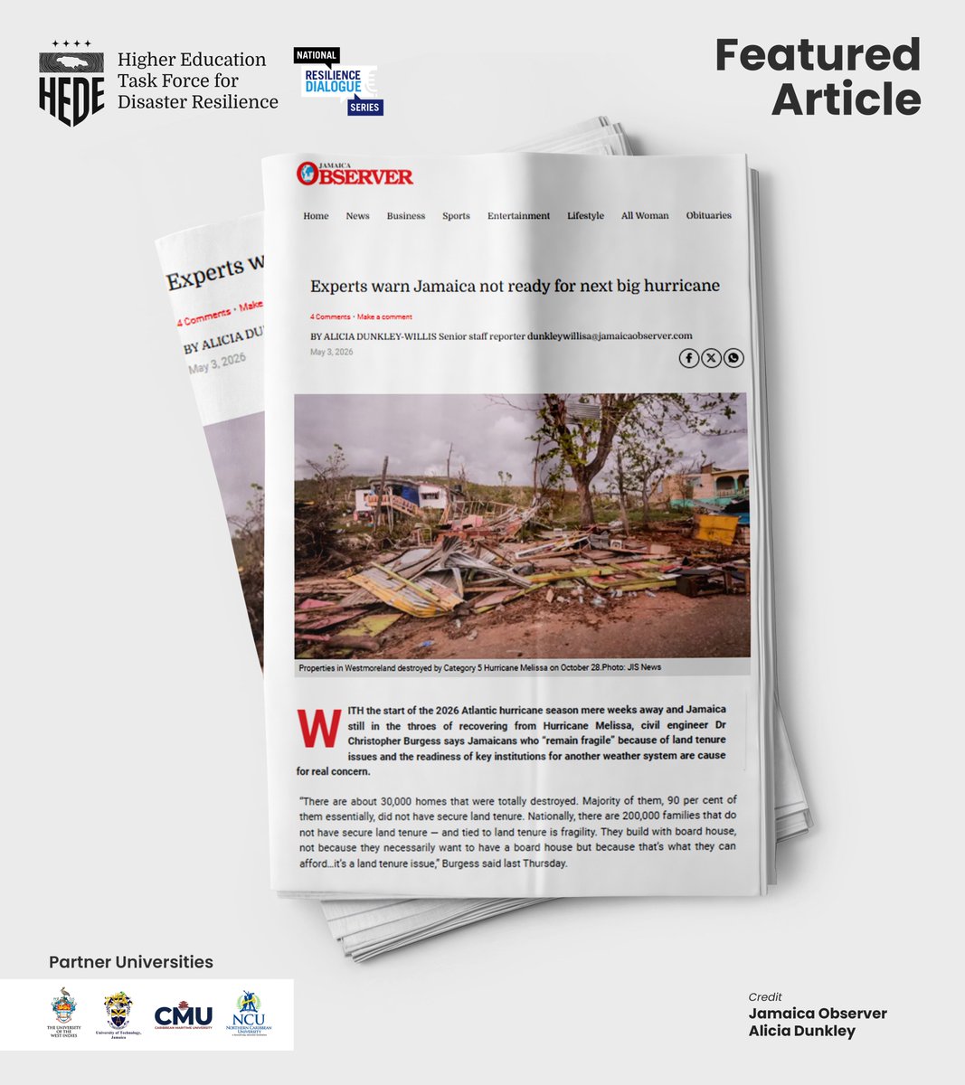 hedetaskforceja's tweet photo. Experts advocate for robust infrastructure and policy frameworks to bolster Jamaica’s resilience against hurricane threats during the HEDE "Stronger by Design" National Resilience Dialogue Series.

Read the full article feature:
https://t.co/rE9W58AjoE

#HEDE #DisasterResiliience #Jamaica #HuricaneMelissa