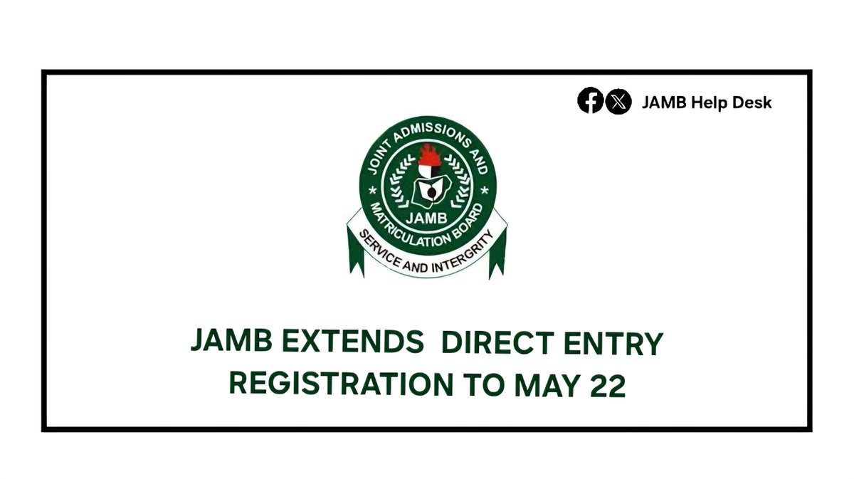 UTMEHQ's tweet photo. 𝗝𝗔𝗠𝗕 𝟮𝟬𝟮𝟲 𝗨𝗣𝗗𝗔𝗧𝗘 🚨
JAMB has extended the Direct Entry (DE) registration deadline to May 22, 2026. This gives candidates more time to sort out credentials. Don't wait until the last minute!
📅 Policy Meeting: May 11
#JAMB2026 #JAMB #DirectEntry #UTME #UTMEHQ https://t.co/6f1jb8tY8f