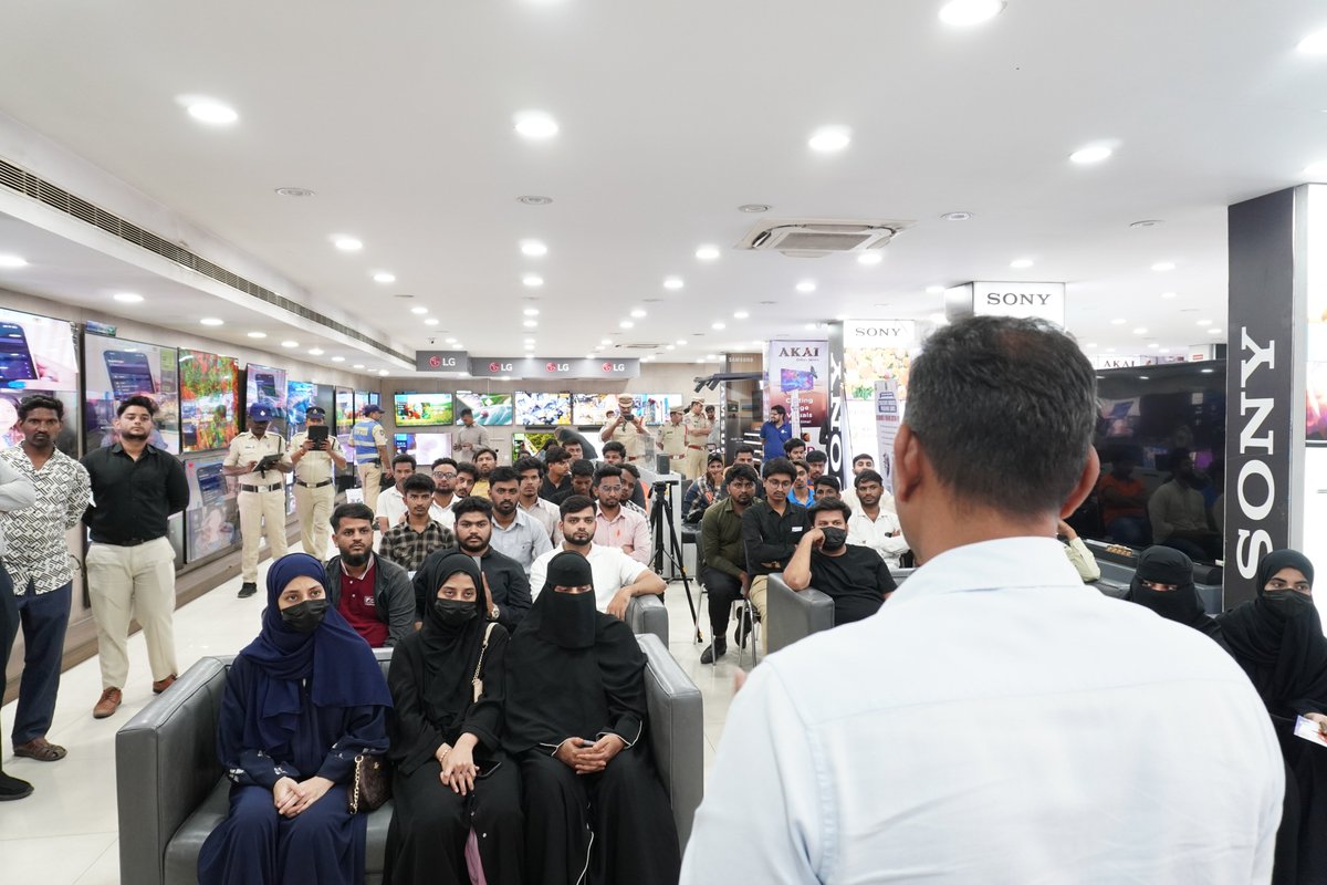 CyberCrimeshyd's tweet photo. In view of the “Jaagrut Hyderabad – Surakshit Hyderabad” Cyber Crime Prevention initiative, Golconda Zone Police of Hyderabad City organized a "Cyber Crime Awareness Programme" on May 09, 2026, at 05:00 PM at Bajaj Electronics Showroom, Tolichowki, under the jurisdiction  of Tolichowki PS. The Programme was attended by Sri. V. Aravind Babu, DCP, Cybercrime Unit Hyderabad City and other police officials.
 
 During the session, participants were educated about the latest cyber fraud techniques, including online financial scams, phishing, fake social media profiles, OTP frauds, and impersonation scams. Practical guidance was given on how to identify suspicious activities, protect personal and financial information, and respond promptly to cyber crime incidents.
 
 Key cyber safety precautions were also explained, including:
 * Avoid downloading unknown APK files / remote access applications
 * Never share bank details, PIN, OTP, passwords or personal IDs
 * Verify the authenticity of job / loan offers and advertisements before responding
 * Always use official websites and helplines for customer support
 * Do not give bank accounts to known/unknown persons for money or for other reasons. Mule accounts is a tool for cyber crime
 * Do not trust investment offers received through Facebook, WhatsApp, Telegram, or unknown websites.
 * Report cyber frauds immediately to 1930 and https://t.co/5sQFE4BonR
 
 #1930 #Cybercrimeunithyderabdcity #cyber #cybersecurityawareness #Cybersimba #hyderabadcitypolice #CyberSecurity, #CyberAwareness, #OnlineSafety #CyberCrime, #DataPrivacy, #DataSecurity #DigitalSafety, #InfoSec, #CyberHygiene #ReportCyberCrime, #StopCyberCrime, #1930Helpline #ThinkBeforeYouClick, #StayAlertStaySafe, #CyberSafe #DigitalArrestScam, #Phishing, #InvestmentScam