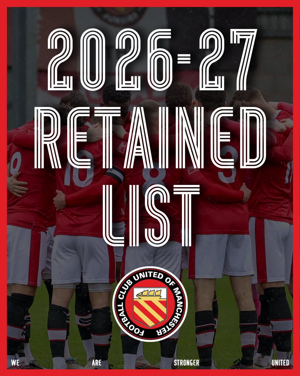 FCUnitedMcr's tweet photo. 🔴 2026/27 RETAINED LIST

Following the conclusion of the 2025/26 season, FC United of Manchester can confirm its retained and released list as manager Mark Beesley and his staff begin preparations for the 2026/27 campaign ⬇️

https://t.co/NfQFwFAB8X

#WeAreStrongerUnited https://t.co/Jq0cnXHovs