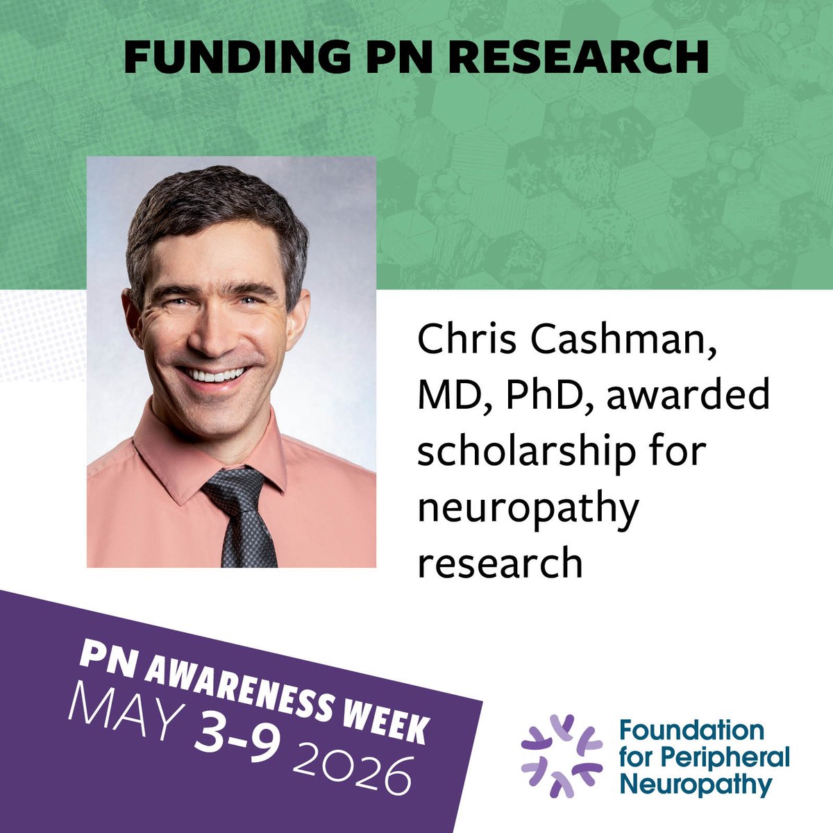 FoundationforPN's tweet photo. Meet our 2026 Clinical Research Training Scholarship recipient, Christopher Cashman, MD, PhD. He’s studying how mitochondrial dysfunction may drive peripheral neuropathy. Watch now: https://t.co/FPDzu60dsG
#NeuropathyAwareness #fundresearch https://t.co/pYyCaWRpcy