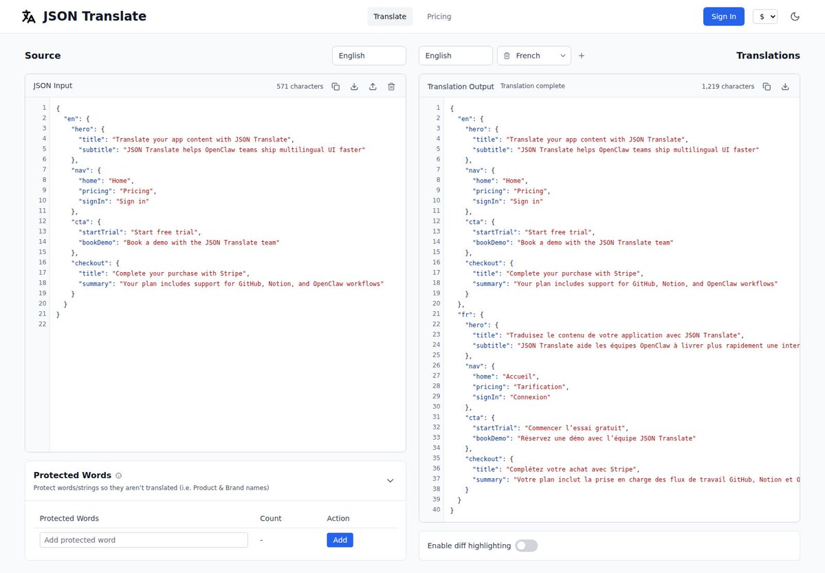 JsonTranslate's tweet photo. Ship faster with Protected Words workflows that keep JSON intact.

Translate structured JSON at scale while preserving keys, nesting, and placeholders.

See it in action: https://t.co/mm0MFQ3fmz
#Localization #i18n #DeveloperTools https://t.co/zyjeu56eXu