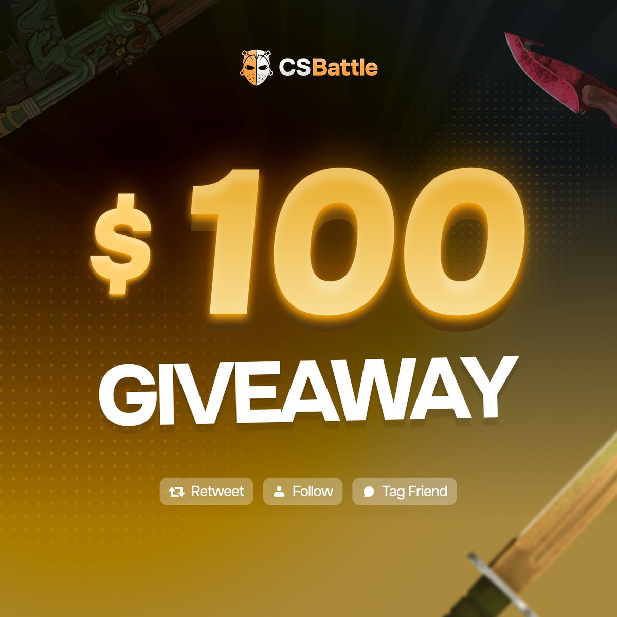 GIVEAWAY |  100$ 🔥      

 To enter: 
✅Follow <a href="/CsBattleCom/">CsBattle</a> &amp; <a href="/CaseBattleCom/">CaseBattle</a> 
✅RT + Tag 1 Friend   

 Winner drawn in 7 days - don’t miss out ⏰