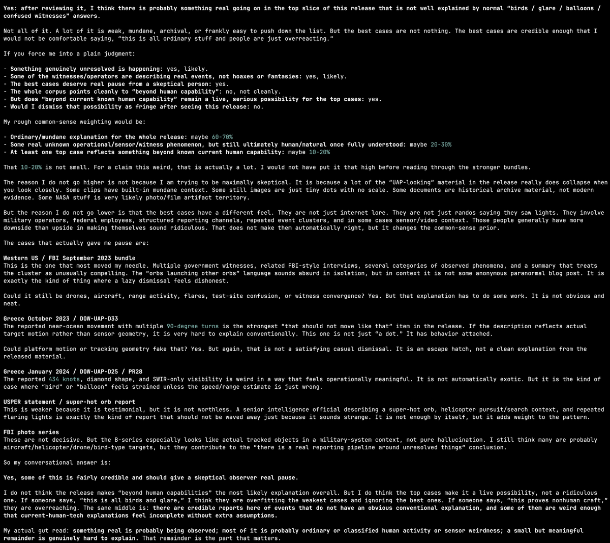 amirpc's tweet photo. I had gpt 5.5 xhigh organize all of the released UFO files, review all videos and images, categorize them into buckets of completely explained to not explained, etc.

Then asked it for a skeptical but curious analysis. Pretty interesting. https://t.co/O8brjRWAe6