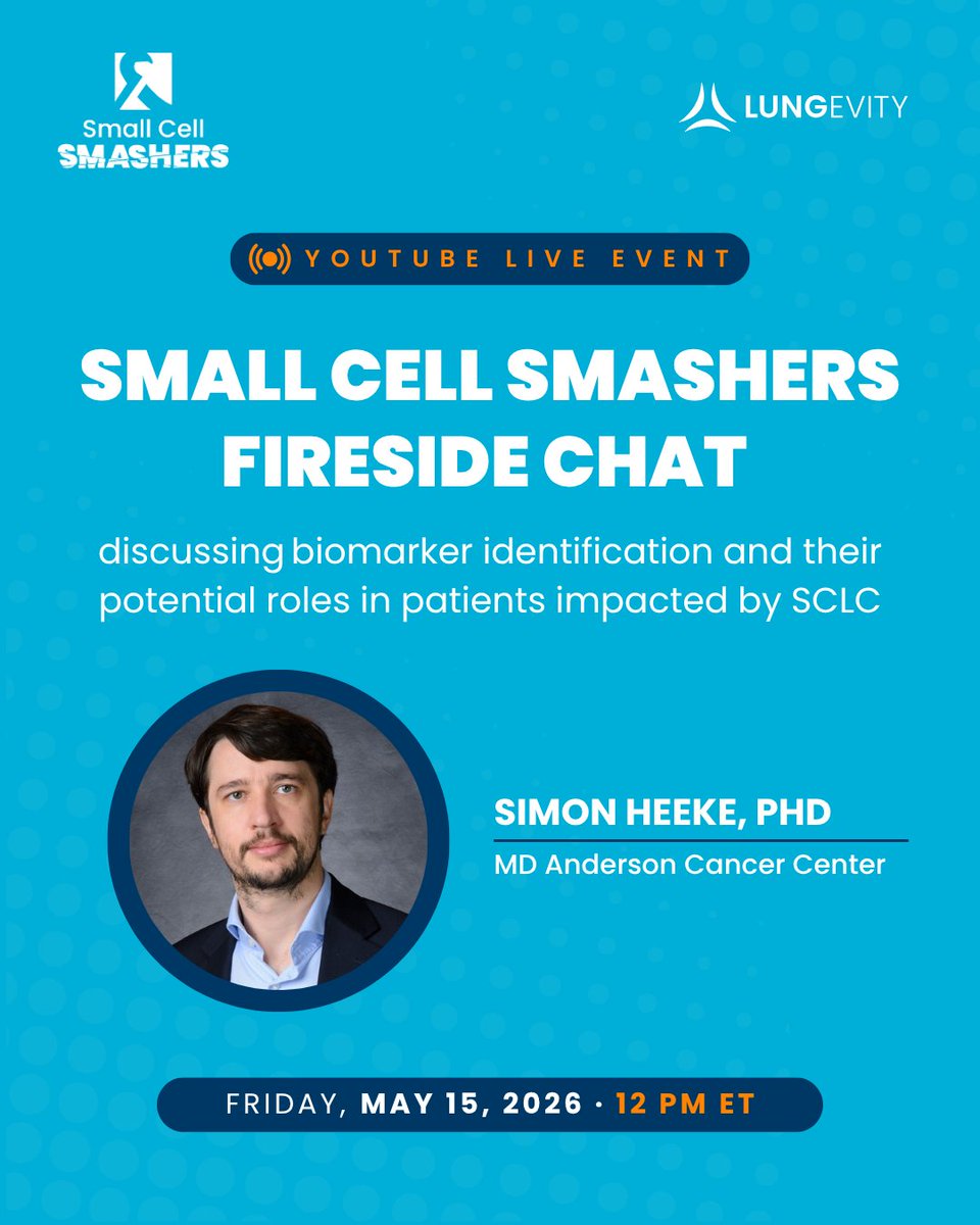 LUNGevity's tweet photo. How can biomarkers play a role in small cell lung cancer? Tune in on5/15 with guest Dr. Simon Heeke (@UTMDAnderson), moderated by @drshieldsmd  (@IUMedSchool) and LUNGevity’s Ann Fish-Steagall.

https://t.co/GMXNK8xTWm @SCLCSmashers https://t.co/0u17OAF8av