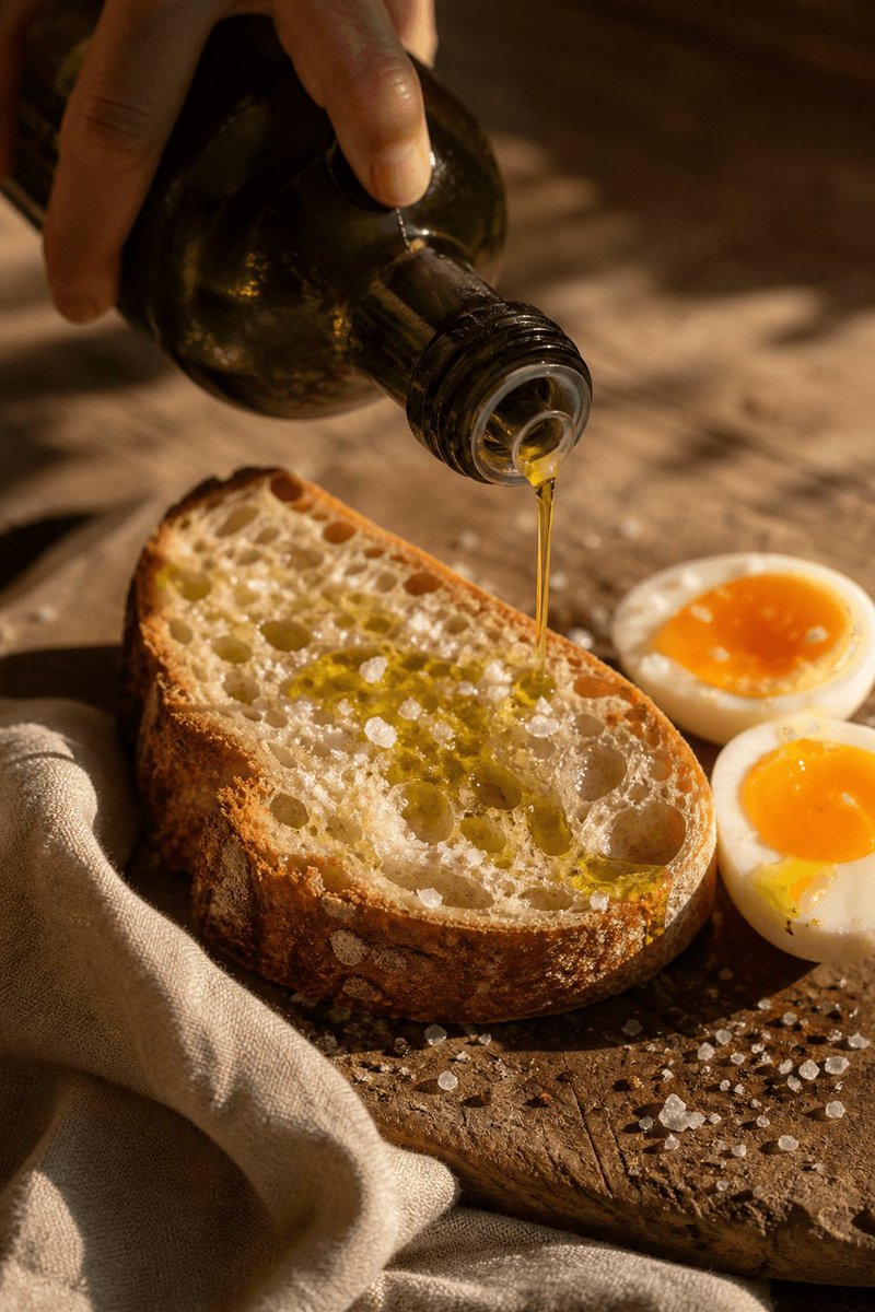 AngelicasEVOO's tweet photo. Saturday morning kitchen test: torn sourdough, generous Arbequina drizzle, flaky salt, one soft-boiled egg. If your olive oil doesn't make this taste like a restaurant, your olive oil is the problem. https://t.co/NZFgAzHvD7