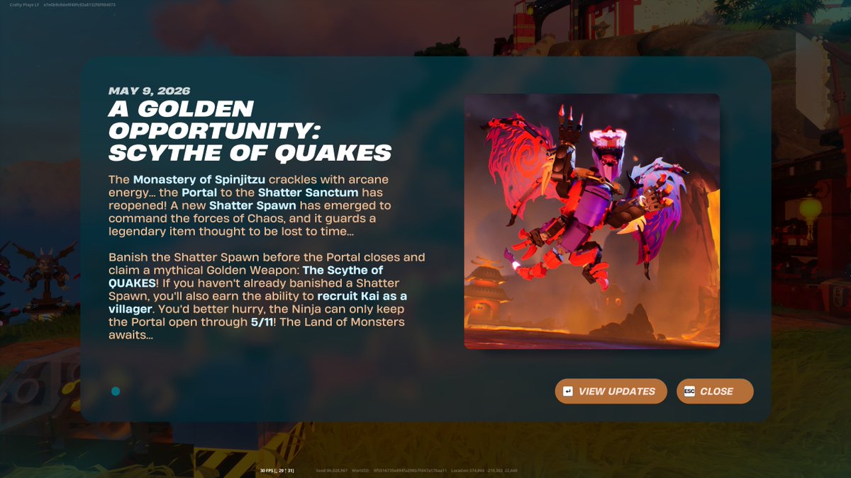 The Scythe of QUAKES is live in LEGO Fortnite Odyssey!

The portal has opened, rush in and defeat Shatter Spawn for the new mythic weapon before the portal closes on the 11th!