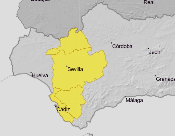 E112Andalucia's tweet photo. 🟡 #ACTUALIZACIÓN Se amplía la vigencia de los avisos amarillos por lluvias y tormentas hasta las 16.00 horas en #Sevilla y #Cádiz 
@AEMET_Andalucia https://t.co/K96eNegQU7