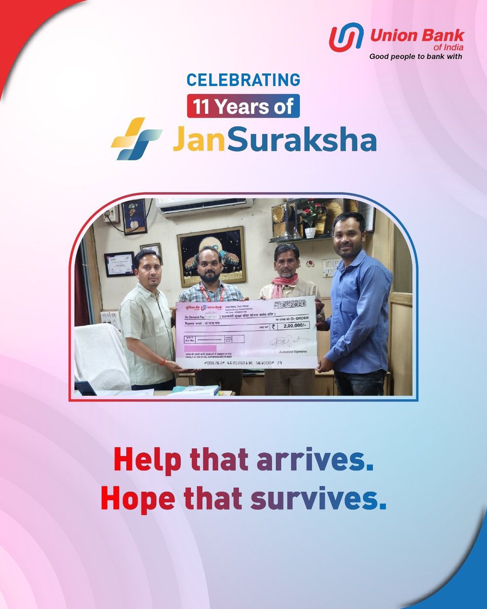 UnionBankTweets's tweet photo. Financial support matters most when a family needs strength. Under the Jan Suraksha Scheme, the beneficiary has received a claim amount of ₹2,00,000.
@DFS_India
#11YearsofJansurakshaSchemes #11YearsofPMJJBY #11YearsofPMSBY #11YearsofAPY https://t.co/8iyEmEtU67