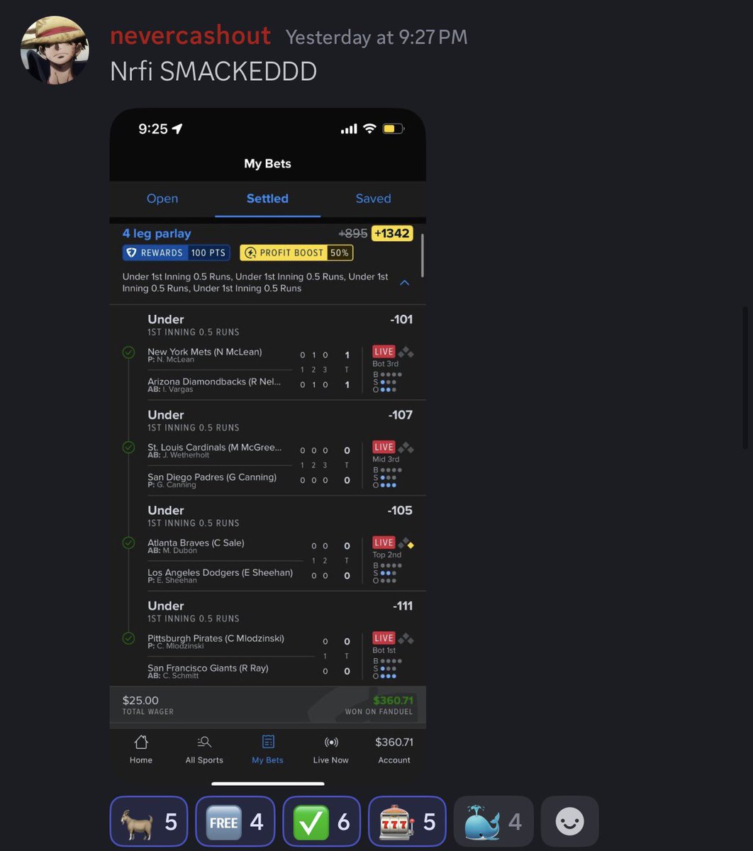 NRFI DEMON 😭💰

4 LEG NRFI PARLAY
+1342 ODDS
$25 ➜ $360.71 CASHED ✅

nevercashout absolutely COOKIN 😭🔥
one swing and it’s over… not this time.

NRFIs been printing inside the cord 📈🐐