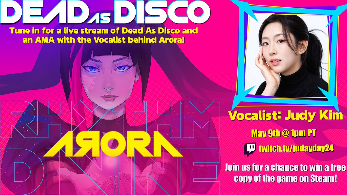 deadasdiscogame's tweet photo. Tune in for a live stream of Dead As Disco and an AMA with the Vocalist behind Arora!

Join us May 9th at 1pm PT on https://t.co/rjZxGndK1G for a chance to win a free copy of the game on steam! https://t.co/sLvU4eZ9gc