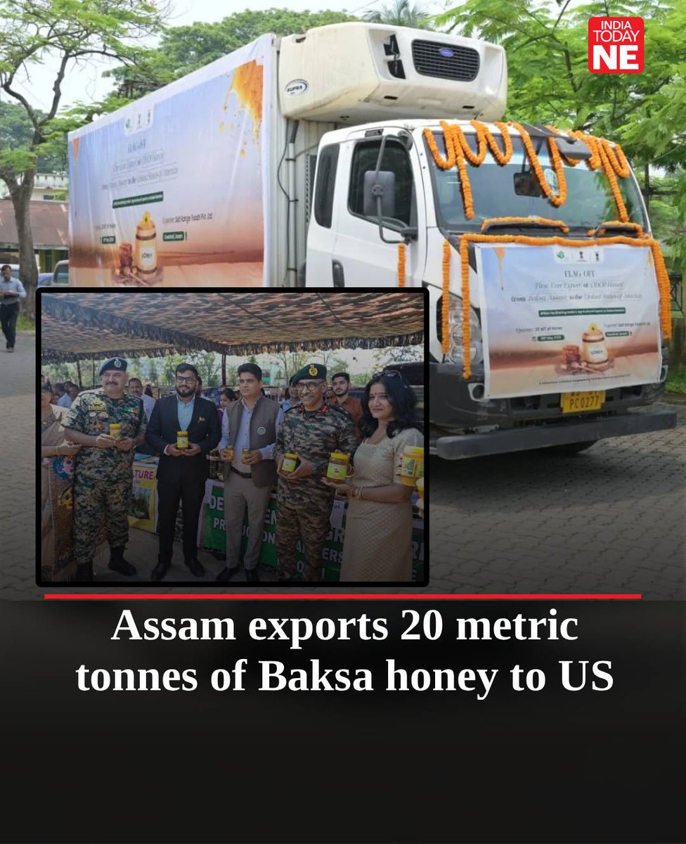 IndiaTodayNE's tweet photo. The first-ever international consignment of #honey from #Baksa district was flagged off to the United States from #Guwahati on May 9, officials said.
The export was facilitated by the Agricultural and Processed Food Products Export Development Authority under the Centre’s One District One Product (ODOP) initiative, aimed at promoting region-specific products in international markets.
According to an official statement, the consignment, comprising nearly 20 metric tonnes of honey, was undertaken by APEDA-registered exporter Salt Range Foods Private Limited.
https://t.co/ABr5WhFEjZ
