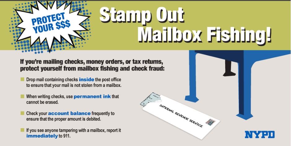 NYPD75Pct's tweet photo. Mail theft and check fraud are rising. If you’re mailing checks, money orders, or tax returns, protect yourself:
    ✔️ Use permanent ink that can’t be washed
    ✔️ Drop mail inside the post office — not in a street mailbox https://t.co/4lom8hbKR0