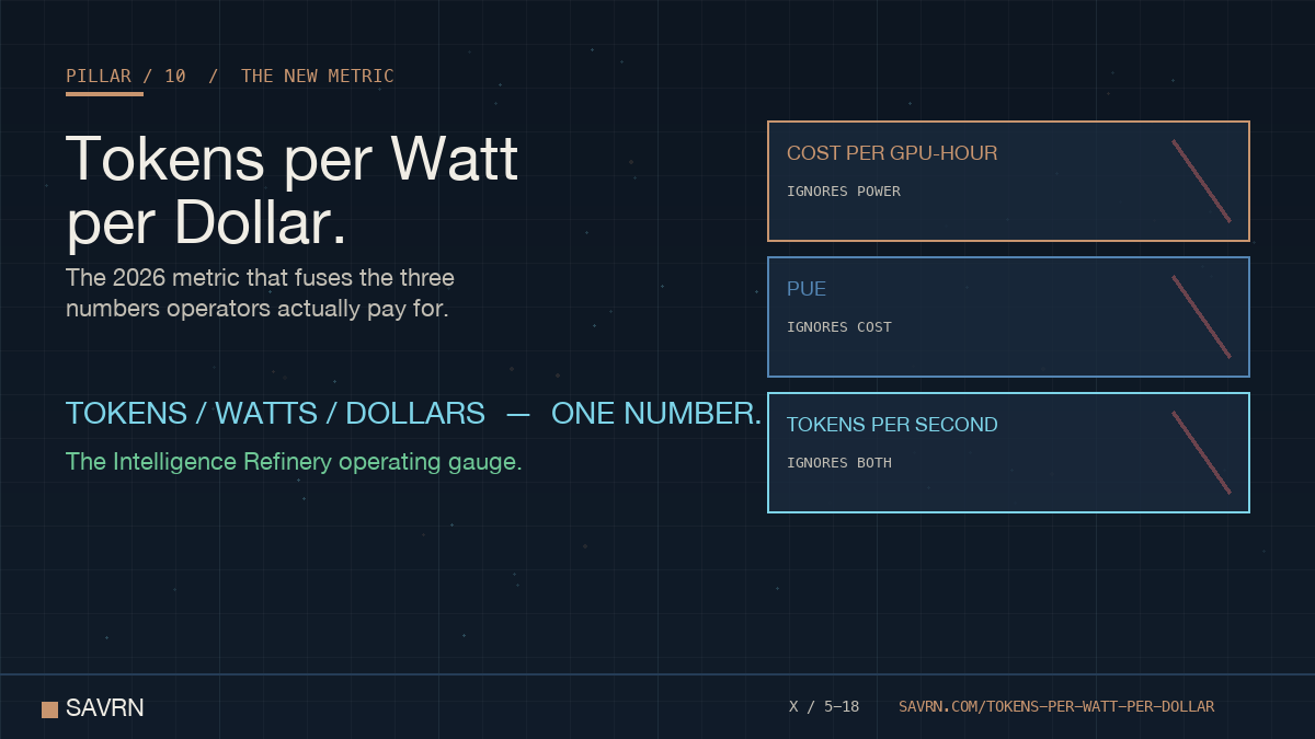 SavrnAI's tweet photo. Cost per GPU-hour ignores power. PUE ignores cost. Tokens per second ignores both.

Tokens per watt per dollar fuses all three. The 2026 metric that finally measures intelligence the way operators sell it.

#TokensPerWatt https://t.co/n2wHvhs1qZ