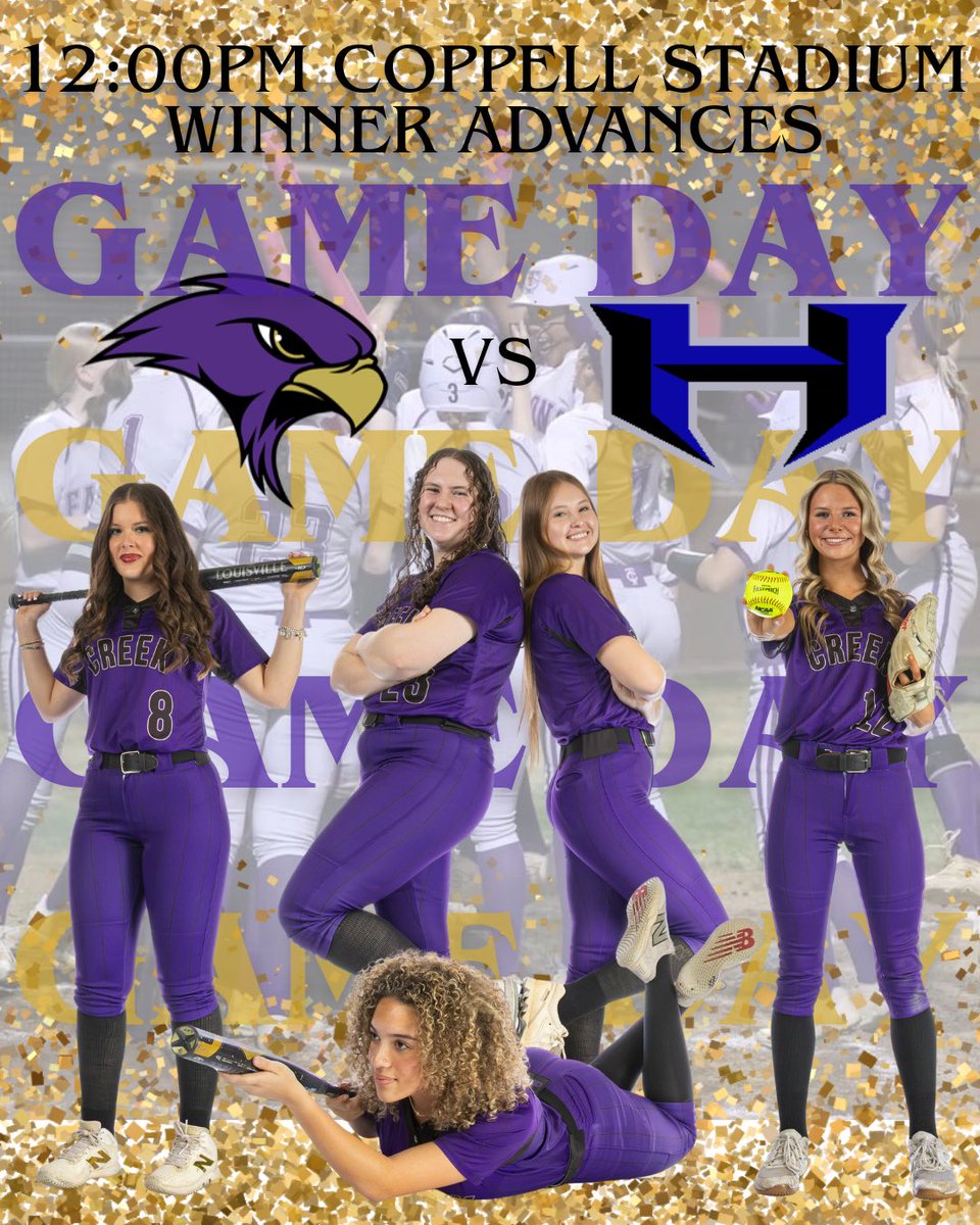 TimberCreekSB's tweet photo. ⭐️GAME DAY⭐️GOLD OUT⭐️
Target acquired. 
Locked in and ready for game 3.

🕛 12:00 PM
📍 Coppell Stadium
🆚 Hebron

Winner advances. Fear the Creek. 💜💛 #TCOD https://t.co/vRM1ajqIf6