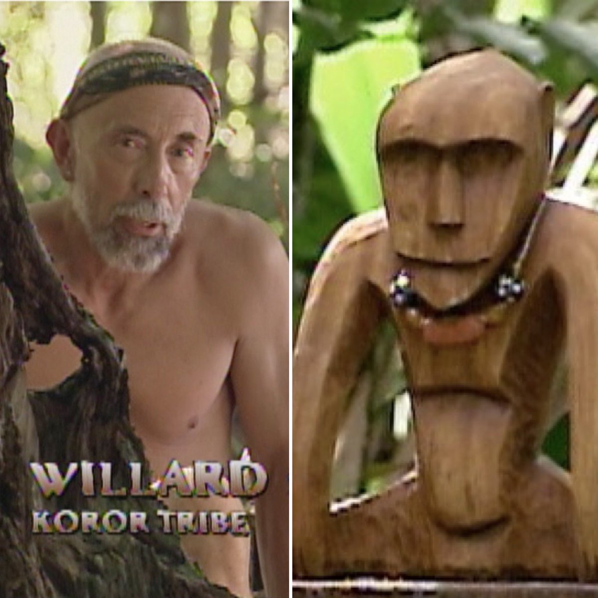 SurvivorQuotesX's tweet photo. The fact that it looks like Willard and the tribal immunity idol from Palau were twins separated at birth will never not make me laugh. 

#Survivor https://t.co/0OQXKcUS6I