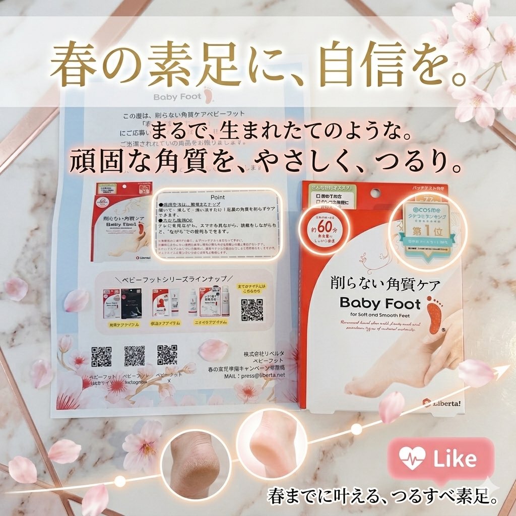 ☆＿＿＿*当選報告*＿＿＿☆
ベビーフット公式様より（ <a href="/babyfoot_jp_/">ベビーフット公式</a>  ）
「春の素足準備キャンペーン」に当選しました！✨

ずっと気になっていたので、この春に試せるのがすごく嬉しいです🤭💕
サンダルの季節に向けて、しっかり角質ケアしようと思います👣