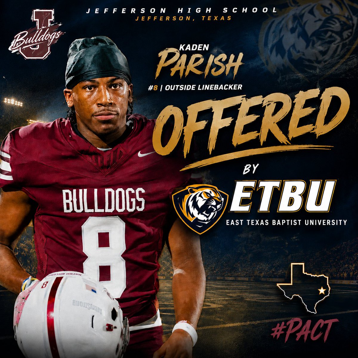 BayouBullies's tweet photo. Congratulations to @Main1Kp on picking up his 1st offer from @ETBU_Football yesterday! He’s getting ready to blow up this season! #RecruittheJ https://t.co/PiahEI2dIV