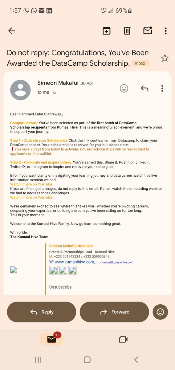iam_wealth01's tweet photo. Excited to announce that I’ve been awarded the DataCamp Scholarship through Kumasi Hive.

Received the official confirmation on April 30, 2026. Grateful for this opportunity to continue learning and growing in tech and data analytics.
@DataCamp 
#DataAnalytics #Anothermilestone https://t.co/cnlRULEw5X