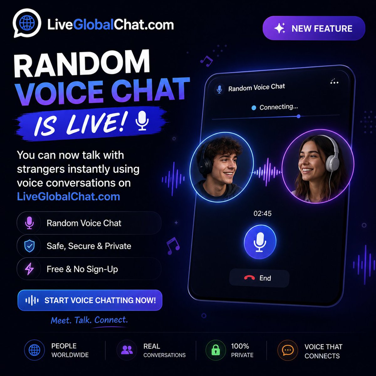 LiveGlobalChat's tweet photo. New feature unlocked 🎙️

You can now use Random Voice Chat on https://t.co/Q3eygtztPd 🌍
Talk with strangers instantly using voice conversations — free and no sign-up needed.

#VoiceChat #RandomChat #OmegleAlternative #LiveGlobalChat #ChatOnline https://t.co/GL20O3xA9N