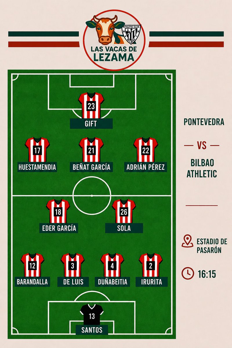 📋 Alineación del Bilbao Athletic para enfrentarse a partir de las 16:15 al <a href="/PontevedraCFSAD/">Pontevedra CF 🦴</a>.

⚔️ Gift se estrena como titular en la punta de ataque.

🔙 Duñabeitia regresa al equipo tras casi 3 meses lesionado.

#AthleticLezama #PontevedraBilbaoAthletic