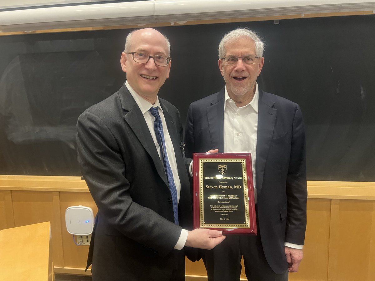 YalePsych's tweet photo. Dr. Steven E. Hyman, right, director of the Program in Brain Health at the Broad Institute, was awarded the 2026 Yale Department of Psychiatry Mental Health Advocacy Award this morning at @YaleMed. Presenting the award was Dr. John Krystal, left, department chair. https://t.co/ohsehN6Eso