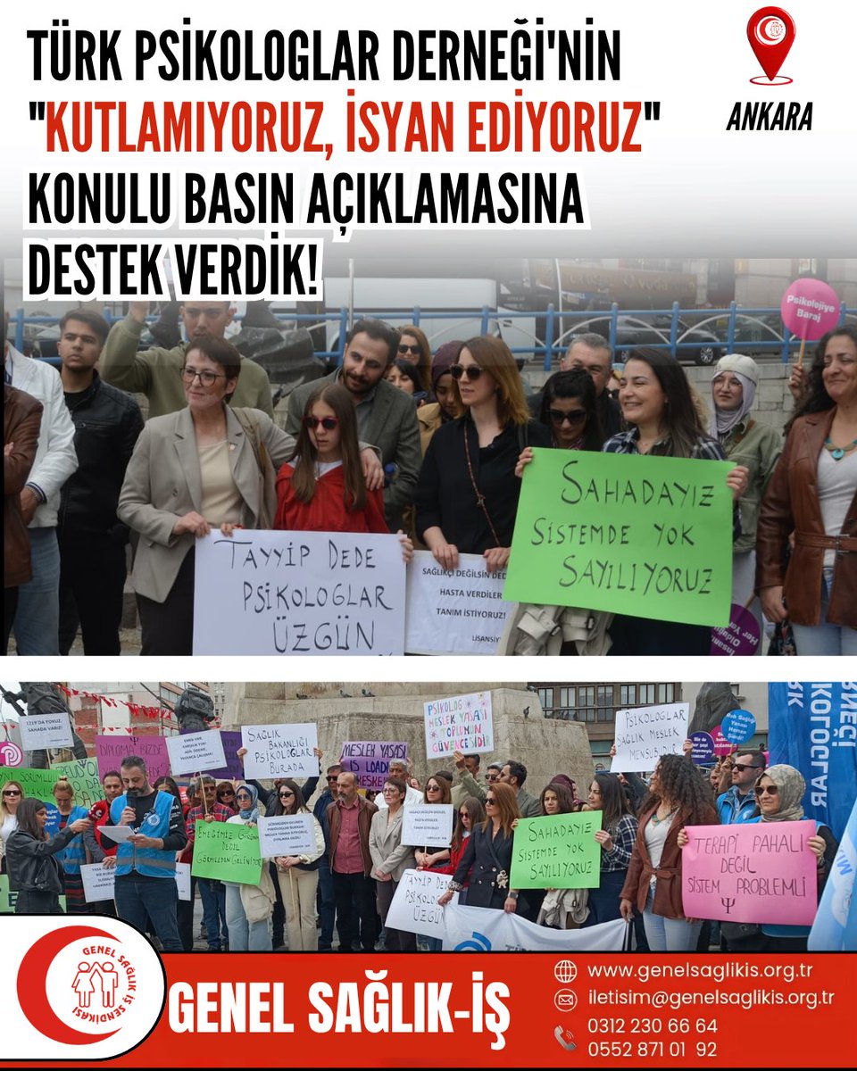 genelsaglikis's tweet photo. Genel Sağlık-İş olarak, Türk Psikologlar Derneği’nin son yıllarda psikologların uğradığı hak kayıplarına dikkat çekmek, mesleki haklarını savunmak ve toplumun ruh sağlığının önemine vurgu yapmak amacıyla gerçekleştirdiği basın açıklamasına katılım sağladık.

@deryaugur19  @TPDBilgi 

#Psikologlargünü