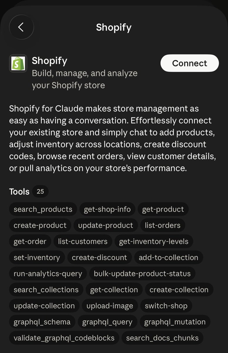 zz_alok's tweet photo. Shopify just dropped an official Claude connector https://t.co/3y7qvFDuMA