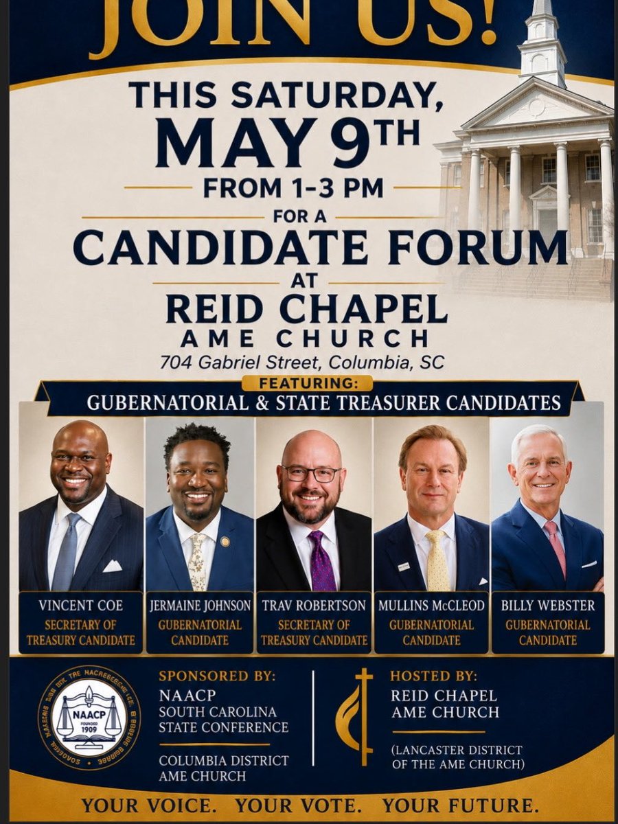 Dr_JLJohnson's tweet photo. Join us this Saturday at Reid Chapel AME Church for an important candidate forum focused on the future of South Carolina.

Your voice matters. Your vote matters. Your future matters.

I look forward to sharing my vision and hearing directly from the community. https://t.co/iI2Yw7VGJZ