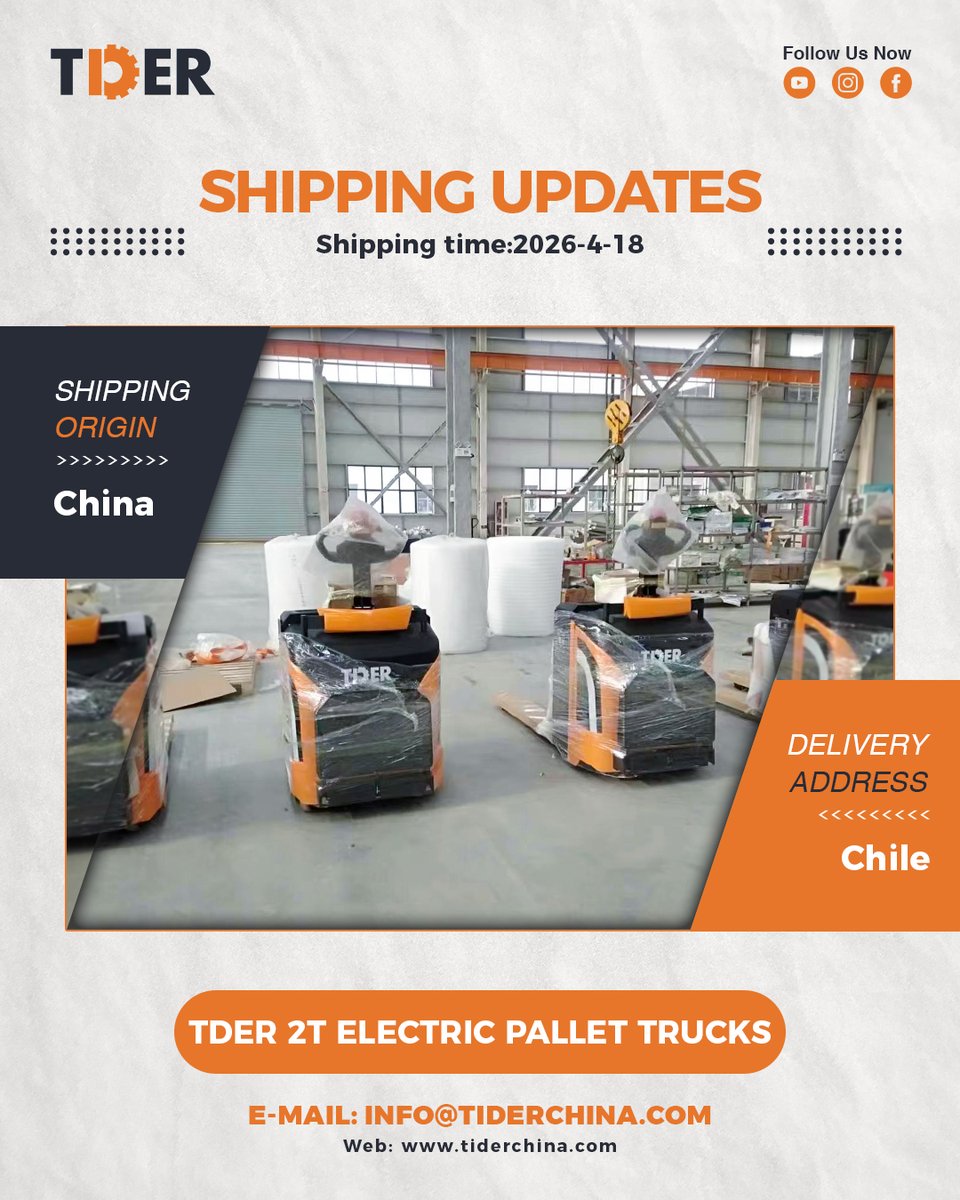 tdergroups's tweet photo. Another #shipment on the move🌎
Multiple #TDER 2T Electric #Pallet Trucks are leaving for #Chile 🇨🇱, ready to support daily #warehouse operations with reliable performance.

🌍https://t.co/R2b9kr8Vjx
📲+86 17346269651

#tiderchina #tderwarehouseequipments #pallettruck #palletjack https://t.co/obdNwQ9GyF