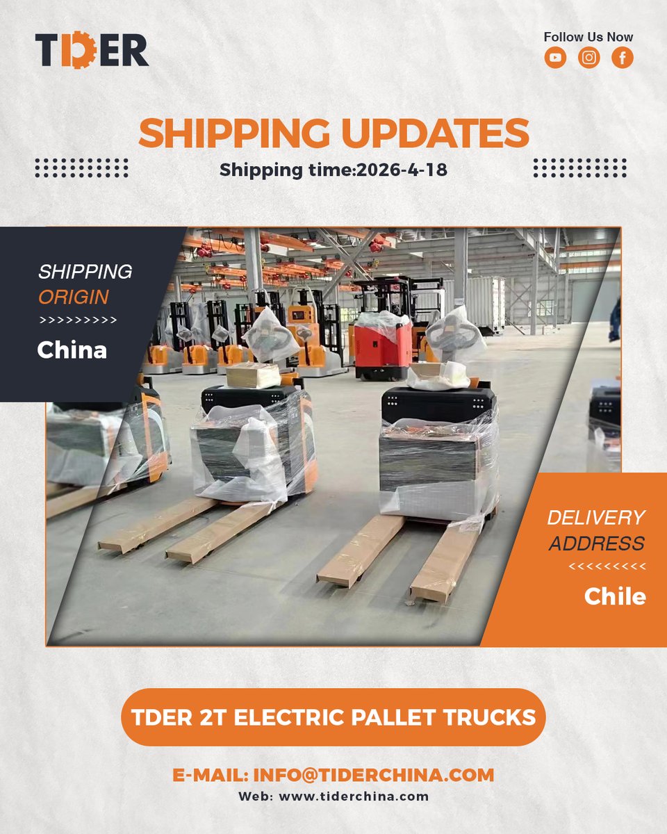 tdergroups's tweet photo. Another #shipment on the move🌎
Multiple #TDER 2T Electric #Pallet Trucks are leaving for #Chile 🇨🇱, ready to support daily #warehouse operations with reliable performance.

🌍https://t.co/R2b9kr8Vjx
📲+86 17346269651

#tiderchina #tderwarehouseequipments #pallettruck #palletjack https://t.co/obdNwQ9GyF