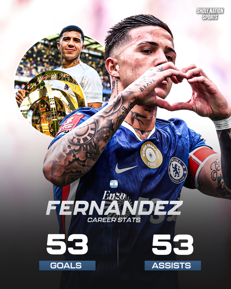 🇦🇷 Enzo Fernandez now has 53 goals and 53 assists in his career.

🏴󠁧󠁢󠁥󠁮󠁧󠁿 Chelsea: 30 goals, 28 assists
🇵🇹 Benfica: 4 goals, 6 assists
🇦🇷 River Plate: 12 goals, 10 assists
🇦🇷 Defensa: 1 goal, 2 assists
🇦🇷 Argentina: 6 goals, 7 assists

🏆 World Cup
🏆 Copa America
🏆 Conference League